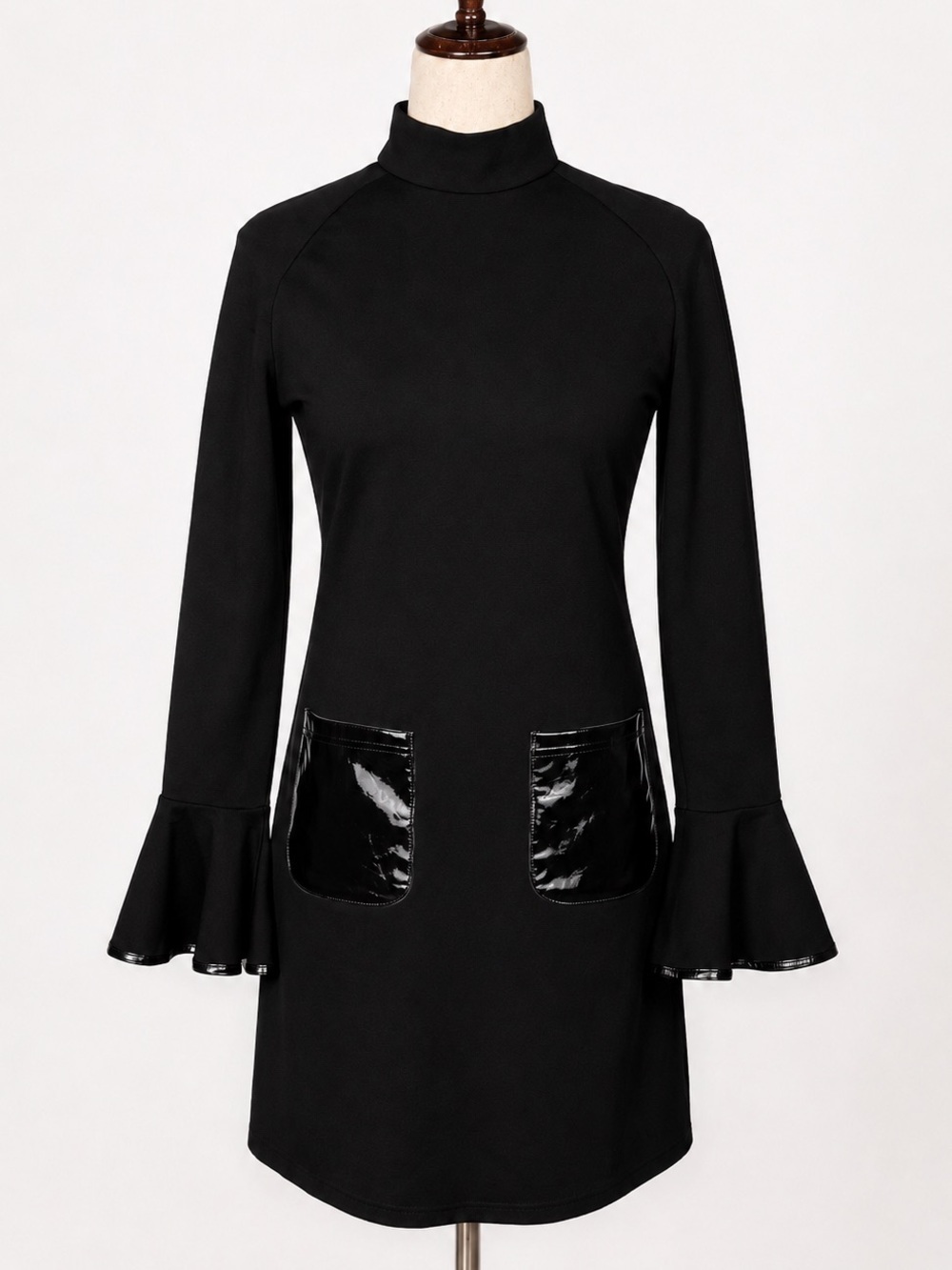 Few Moda stretch mock neck dress. Bell cuffs,  faux leather pockets, seaming. M